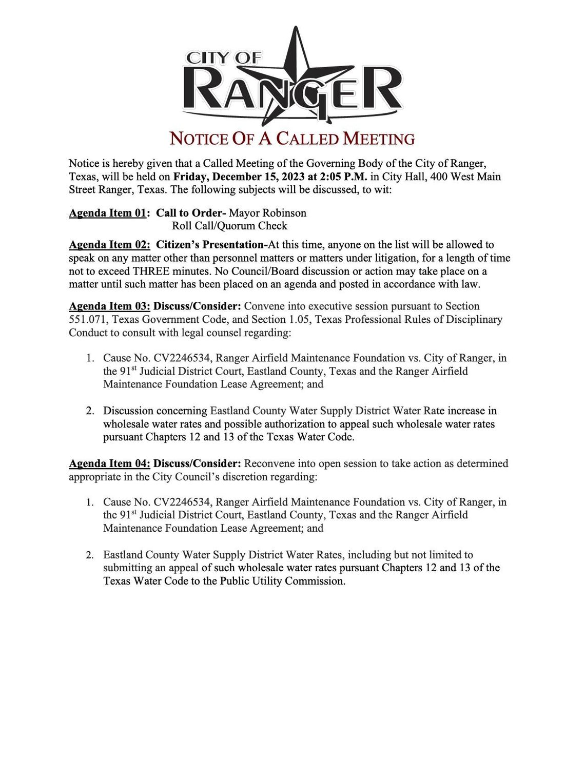 Ranger City Meeting Friday, Dec. 15 at 2:05 p.m. 