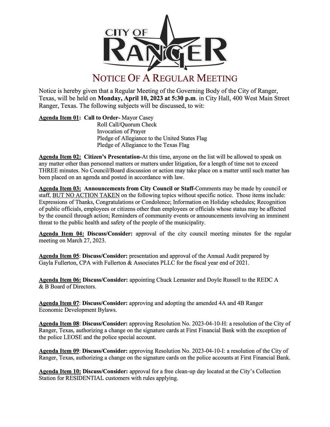 Ranger City Meeting Mon., April 10 at 5:30 p.m. 