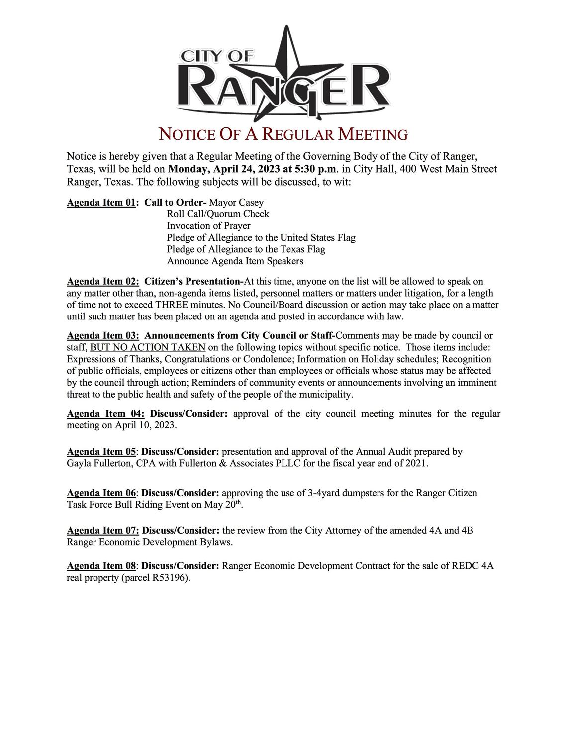 Ranger City Meeting Mon., April 24 at 5:30 p.m. 