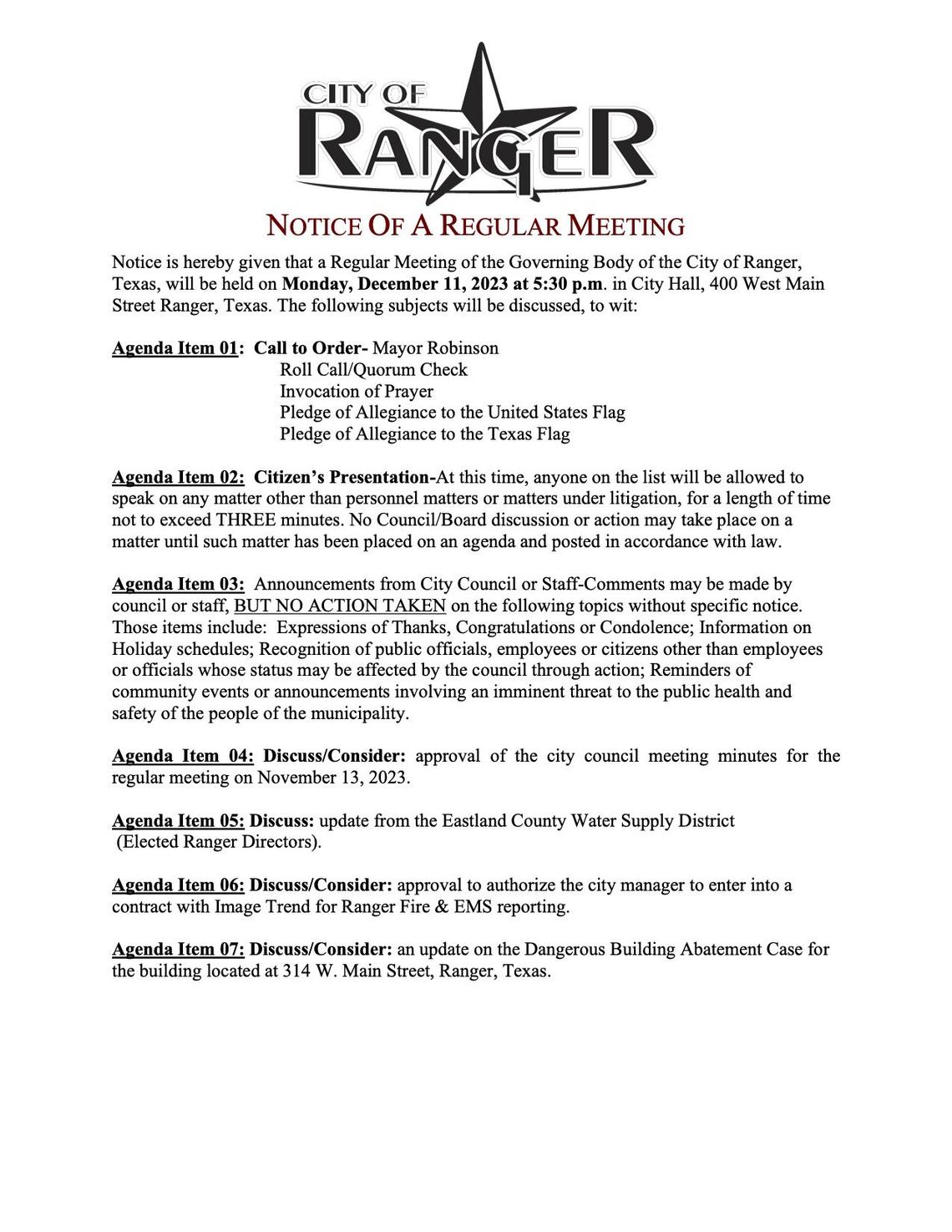 Ranger City Meeting Mon., Dec. 11 at 5:30 p.m. 