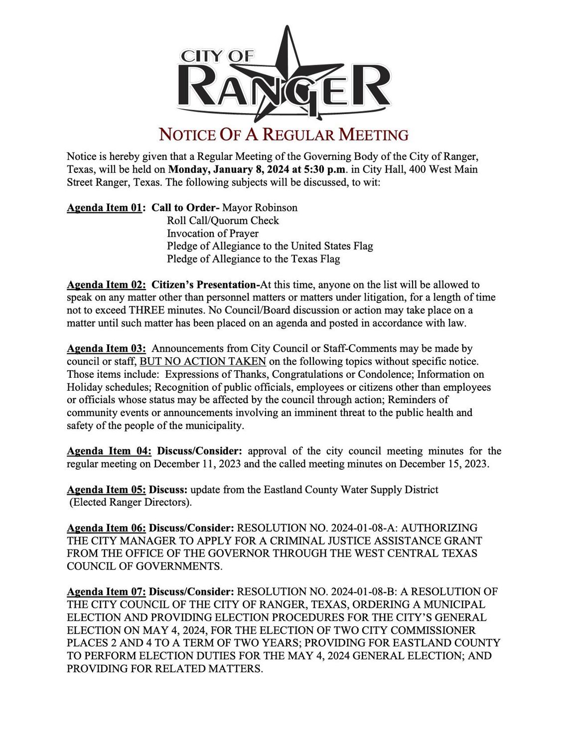 Ranger City Meeting Mon., Jan. 8 at 5:30 PM 