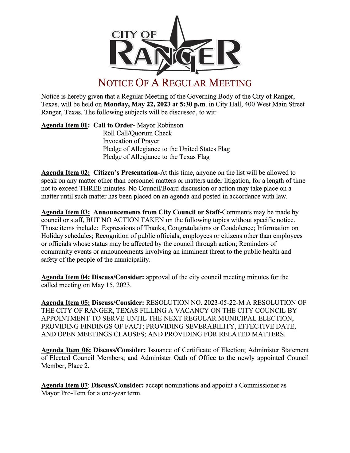 Ranger City Meeting Mon., May 22 at 5:30 p.m. 