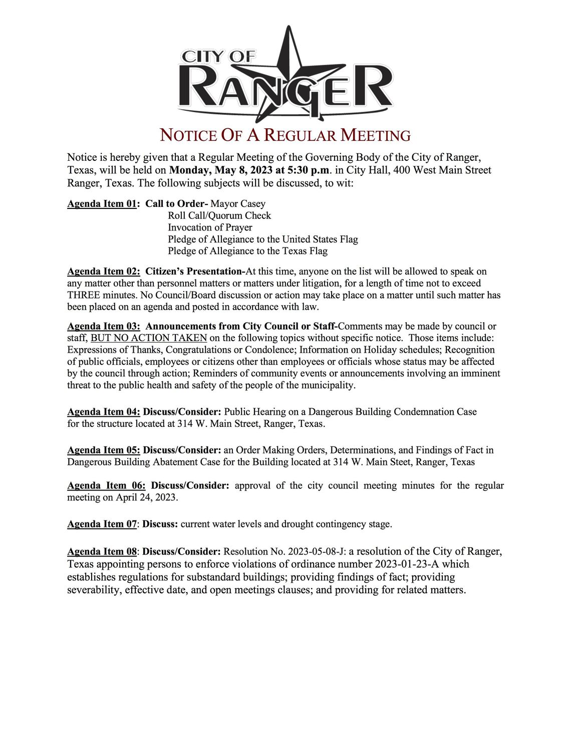 Ranger City Meeting Mon., May 8, 5:30 p.m. 