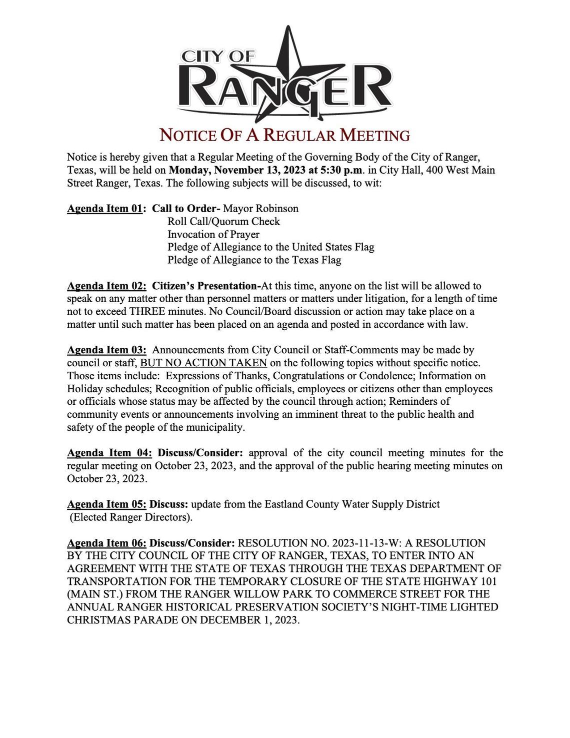 Ranger City Meeting Mon., Nov. 13 