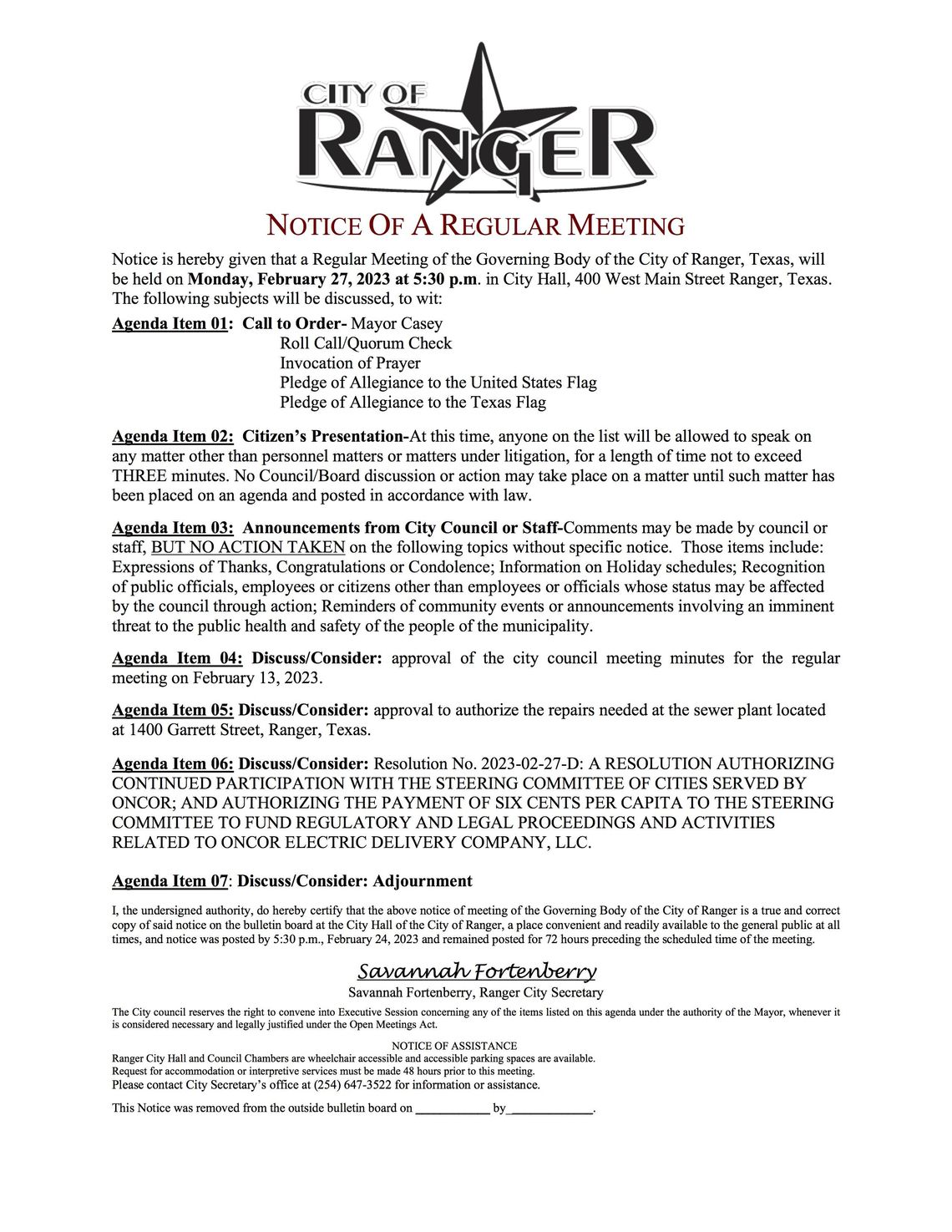 Ranger City Meeting Monday, Feb. 27 at 5:30 p.m. 