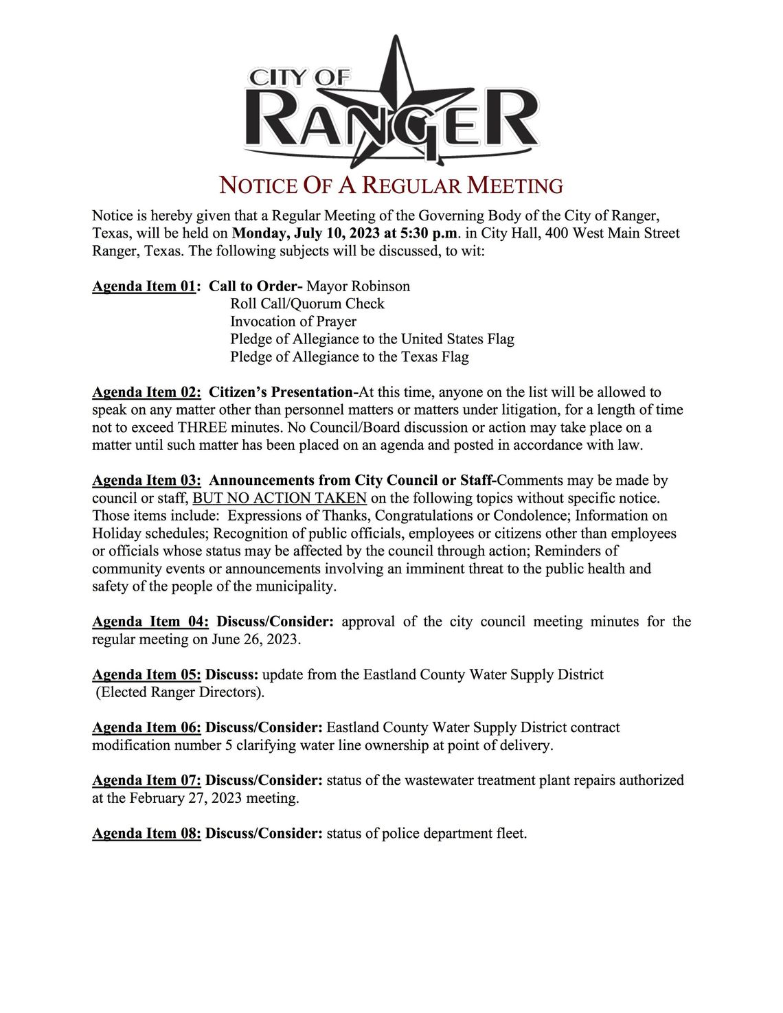 Ranger City meeting Monday, July 10 at 5:30 p.m. 