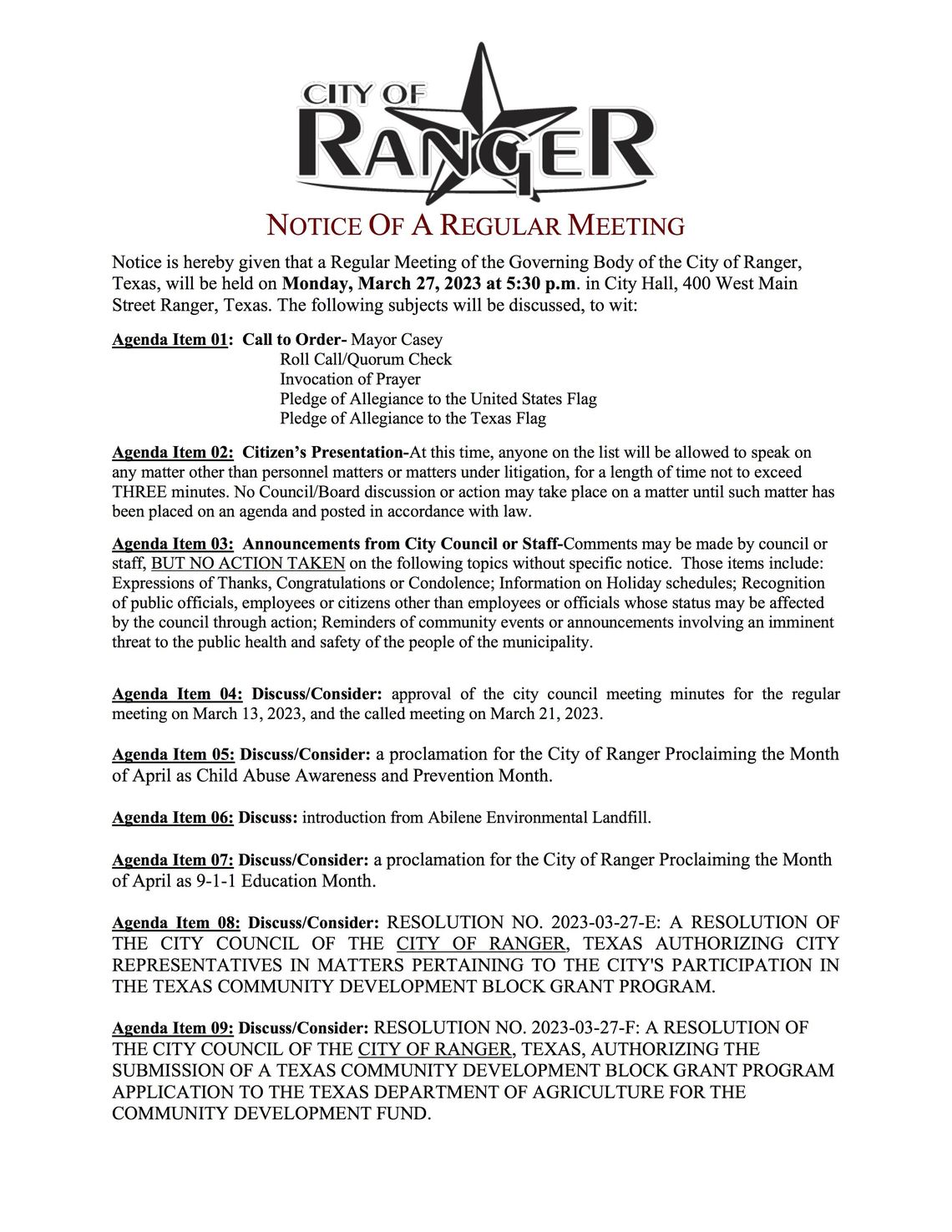 Ranger City Meeting Monday, March 27 at 5:30 p.m. 