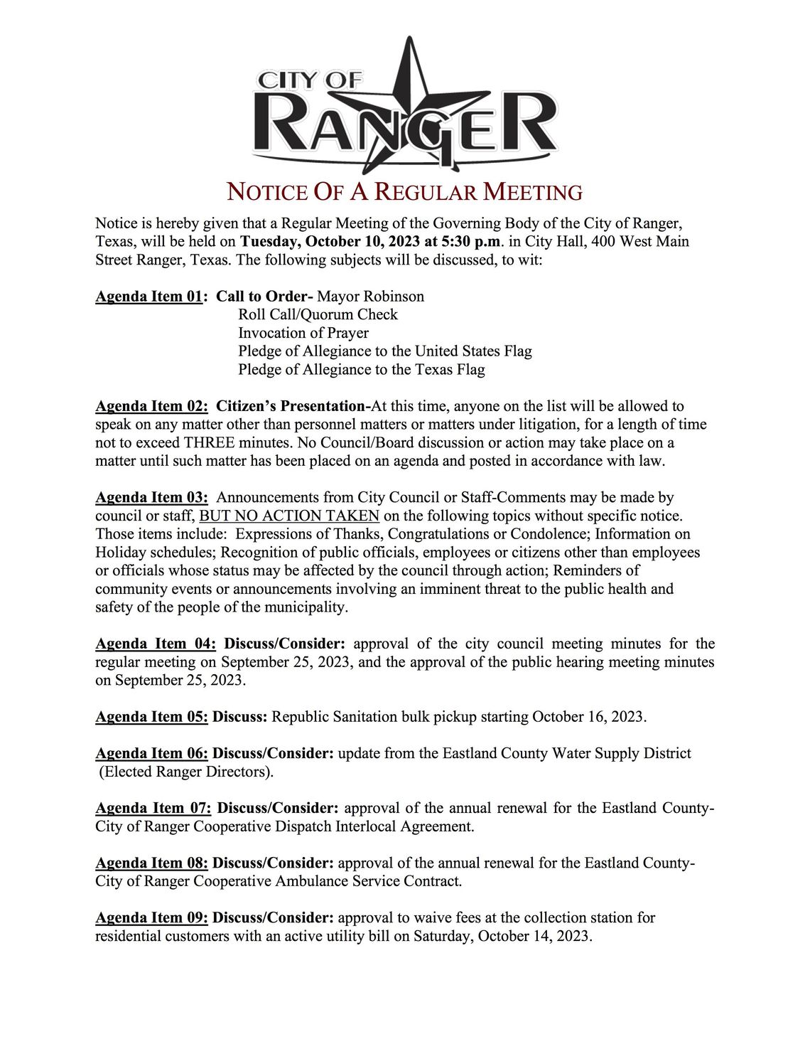 Ranger City Meeting Tues., Oct. 10 at 5:30 p.m. 