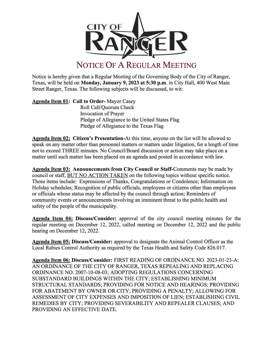  Ranger Regular City Meeting Mon., Jan. 9 at 5:30 p.m. 