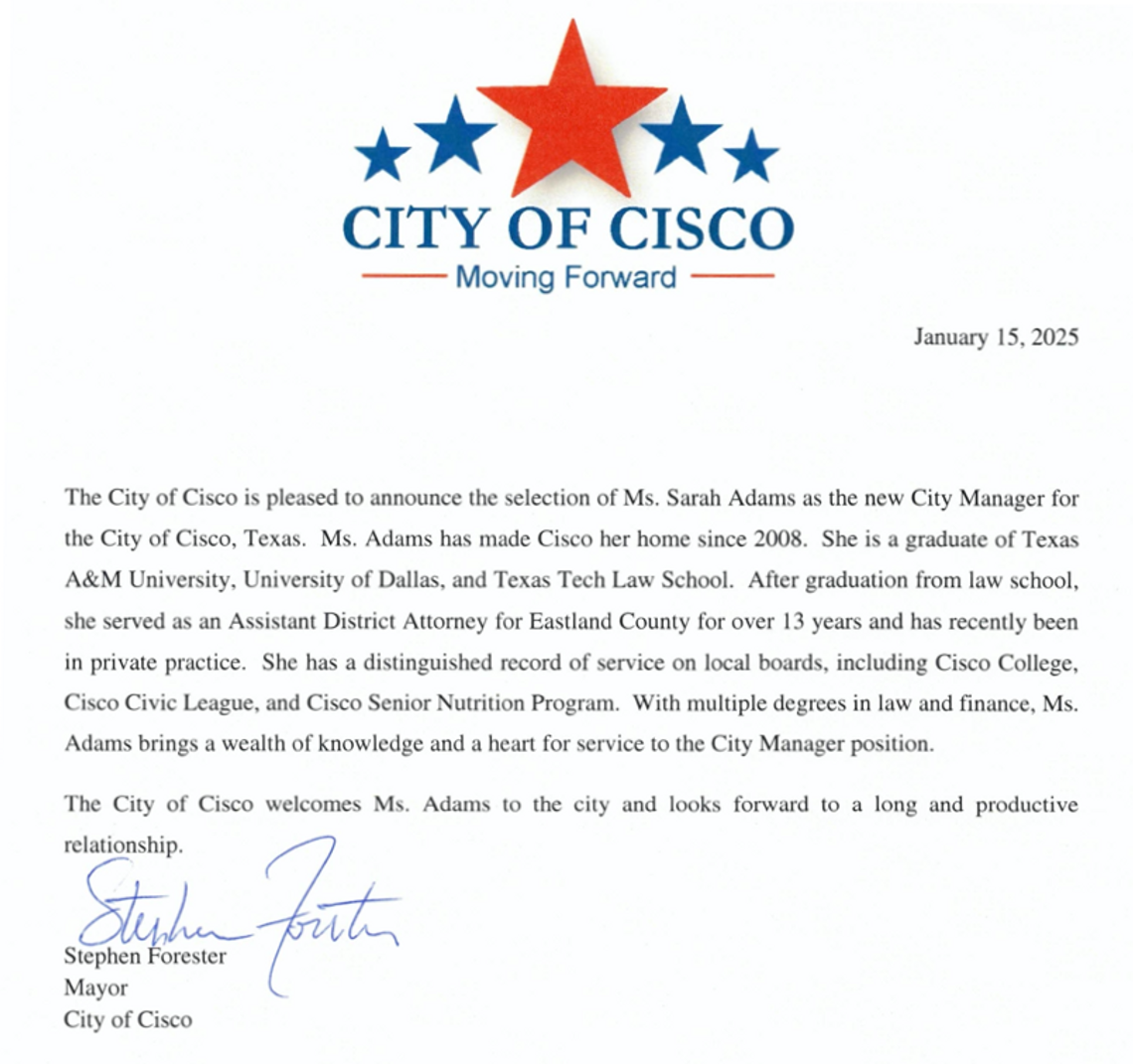 Sarah Adams is New City Manger for City of Cisco