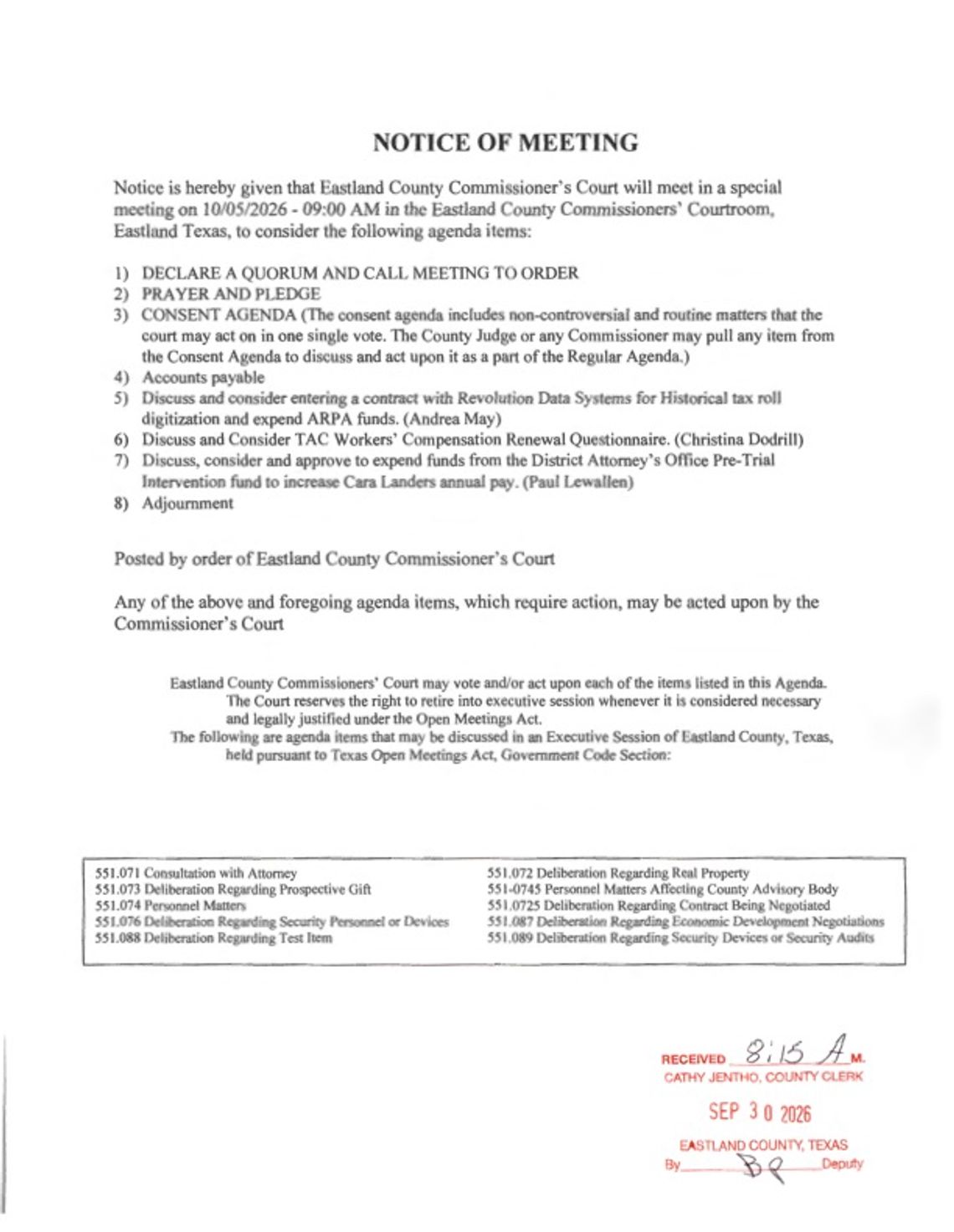 Special Eastland County Commissioners Meeting October 5