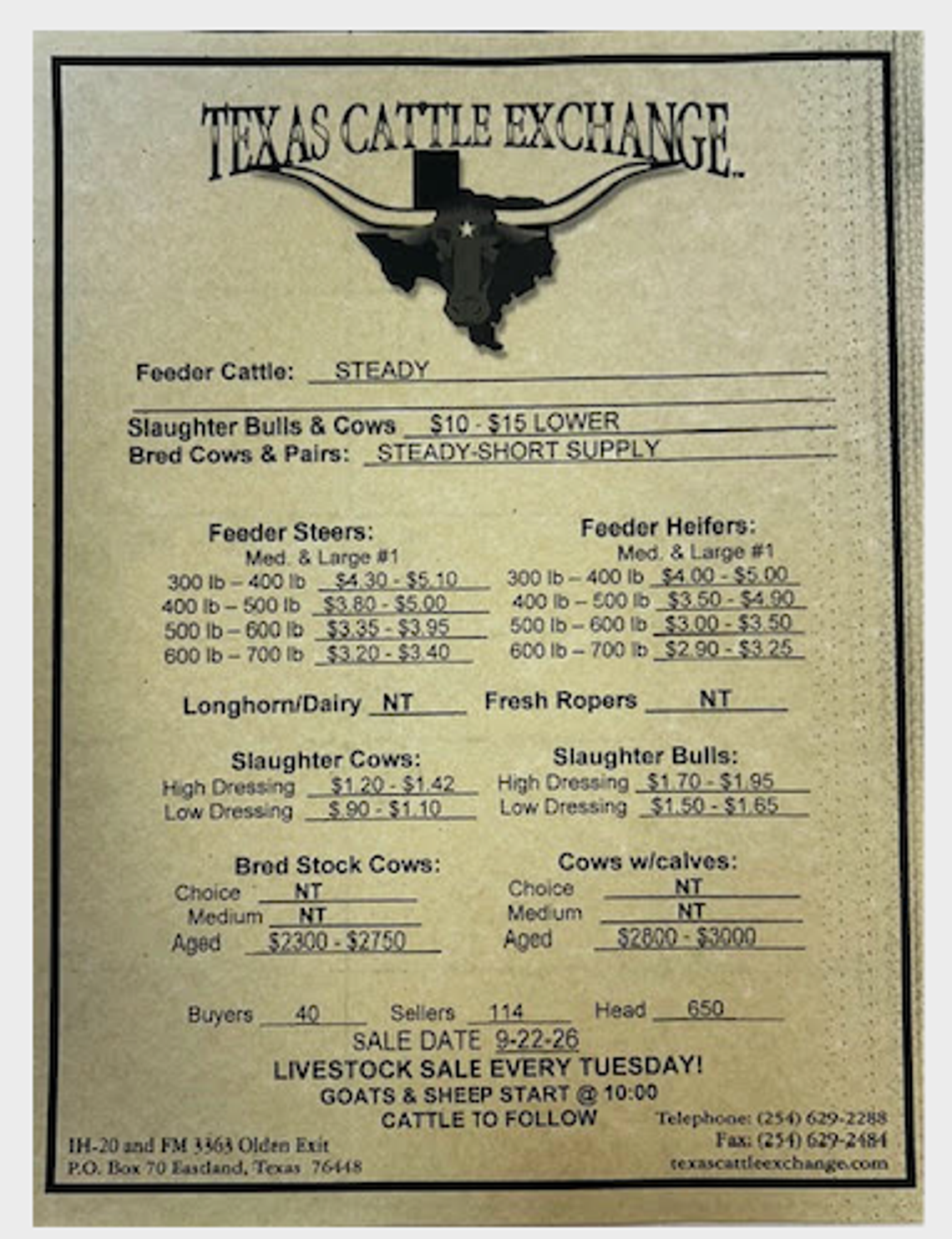 Texas Cattle Exchange Market Report 9/22/26 Texas Cattle Exchange Market Report 9/22/26