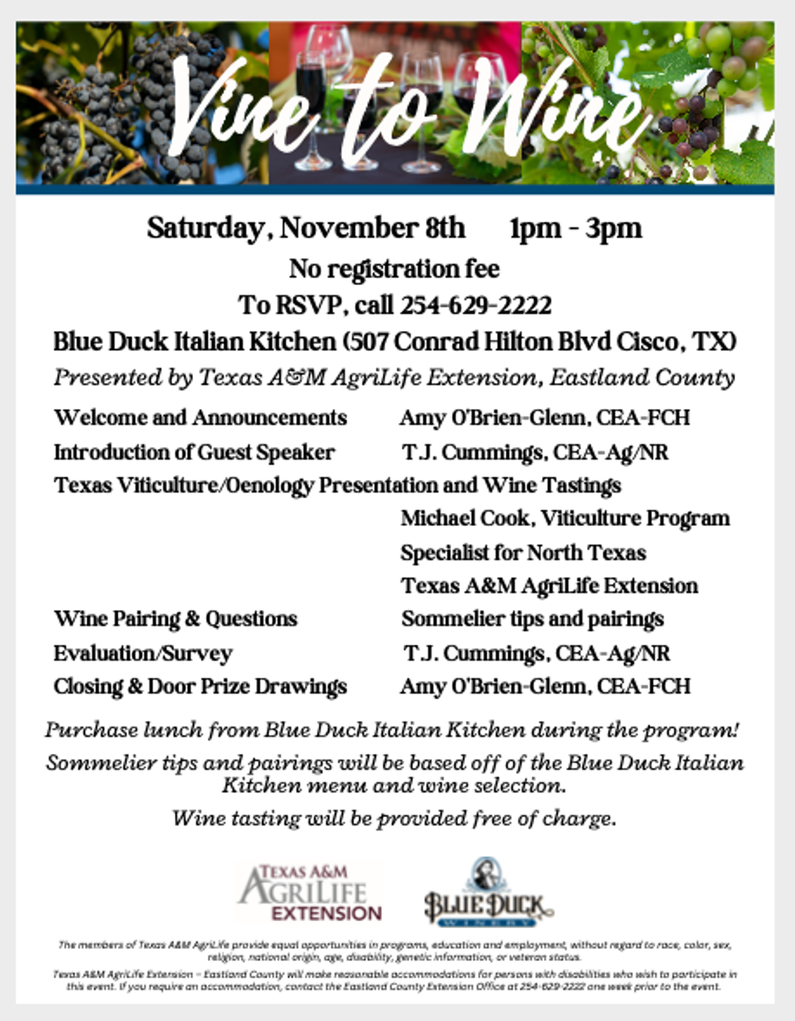 Vine to Wine Sat., Nov. 8th at Blue Duck Winery, Cisco